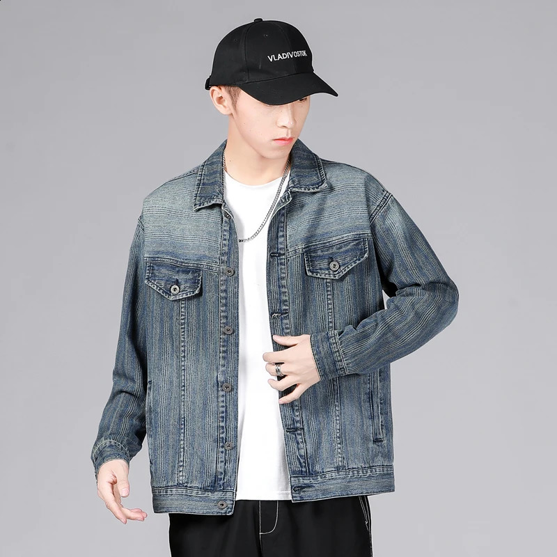 Mens retro striped blue denim jacket autumn Korean fashion pocket elastic cotton casual Plus size 5XL 240921