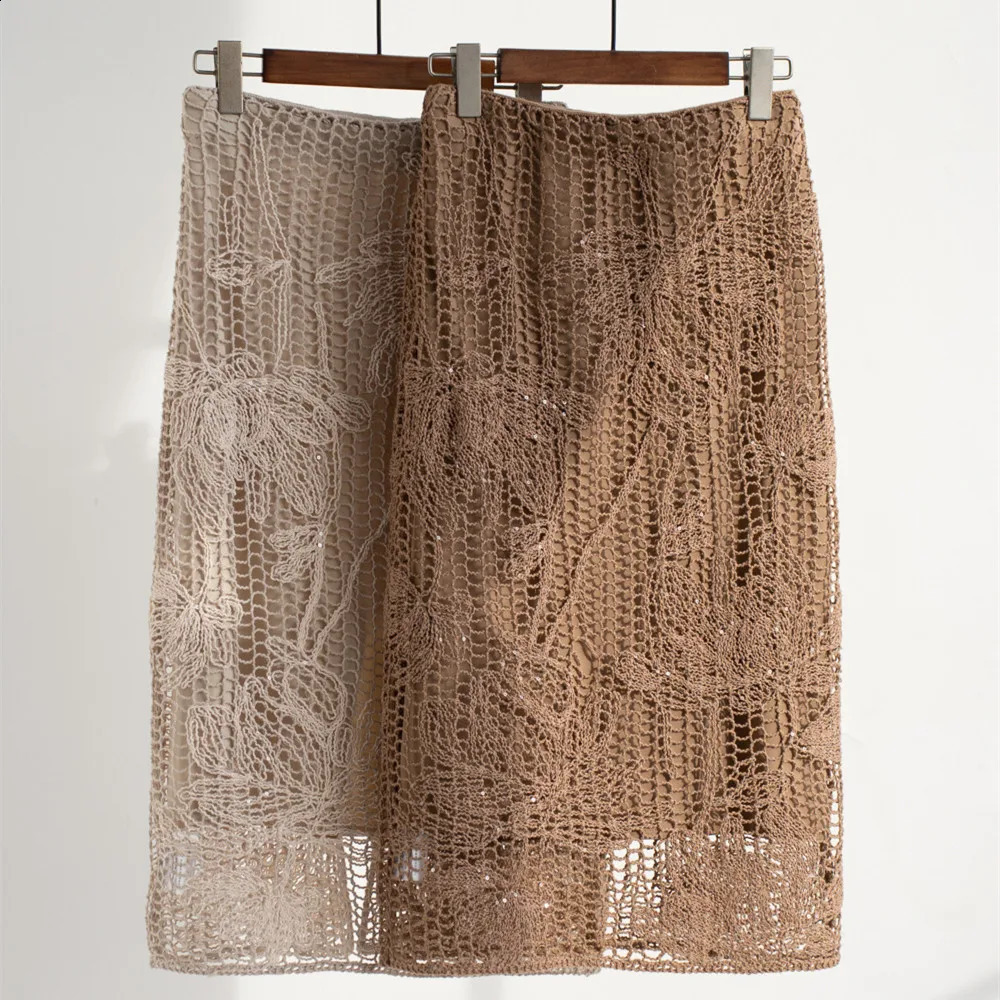 Naizaiga 100 cotton apricot camel Flower sequins knitted straight skirt casual Joker skirt women BDB28 240919