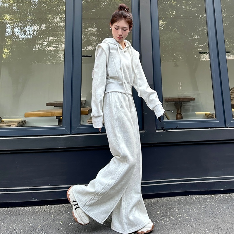2024 Autumn/Winter New Product Fashion Set Women's High Waist slimming casual sports hooded sweatshirt jacket Knitted wide leg pants
