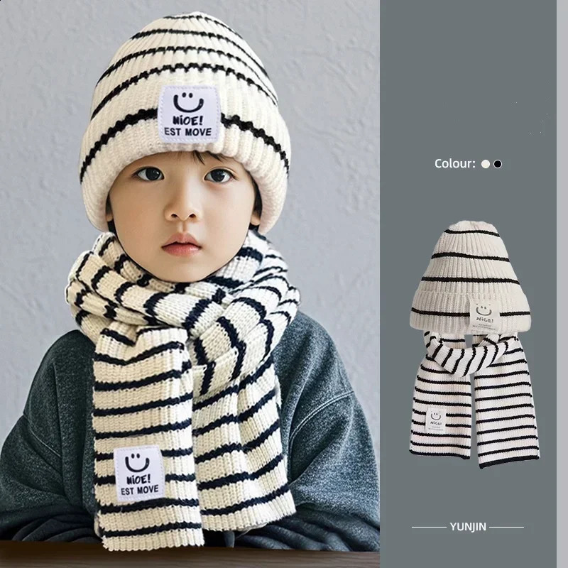Korean Fashion Childrens Beanie Scarf Set Boys and Girls Black White Striped Hook Knitted Hat Autumn Warm 240925