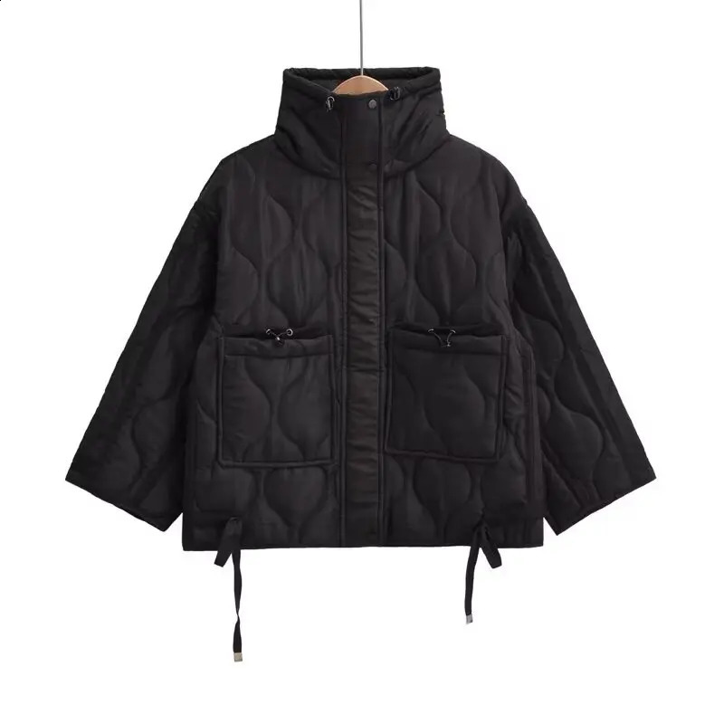 autumn womens fashion pocket decoration loose long sleeved stand collar diamond grid cotton jacket short jacket 240914