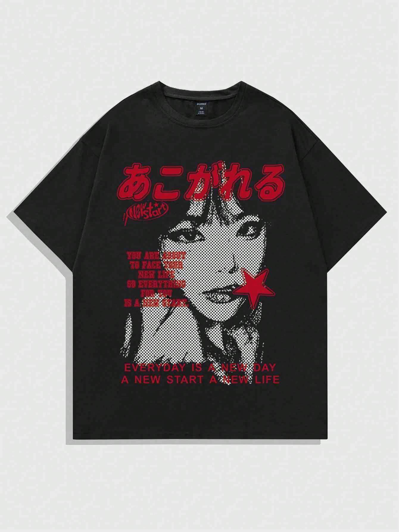 Men Short Sleeved Y2k T-Shirt With Slogan/Character Print For Summer, School