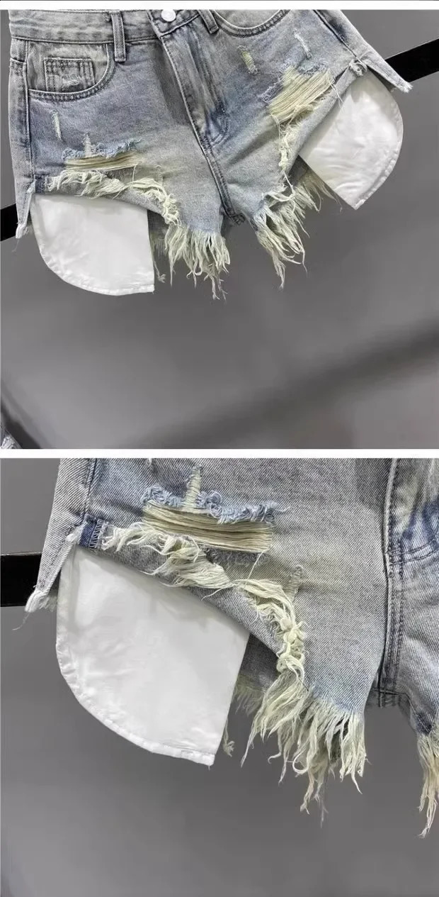 Korean retro blue sexy ripped jeans womens splicing work Aline high waisted denim ultra short 240926
