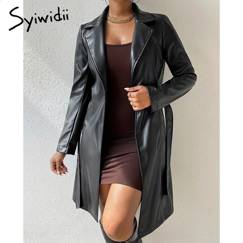 Syiwidii Elegant PU Leather Trench Coat for Women Fashion Lapel Lace Up Midi Length Jacket Autumn Temperament Lady Outerwear 240918
