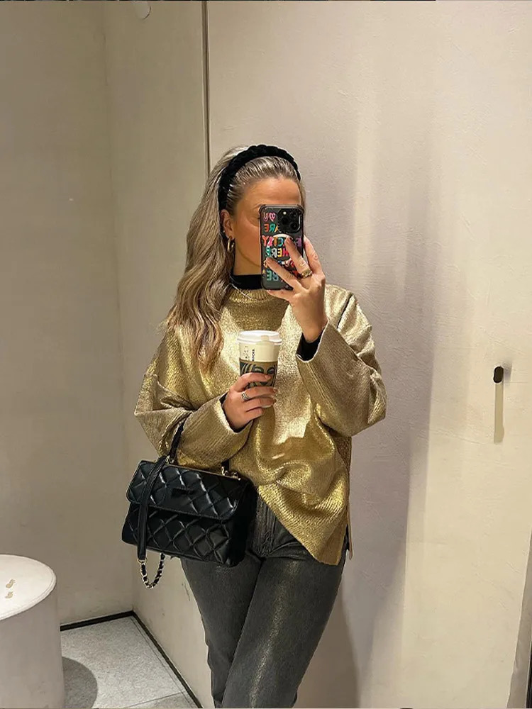 Knitted Solid Women Top Sweater Long Sleeve Split Female Pullover 2024 Autumn Fashion Loose O Neck Golden Female Shinny Sweaters 240925