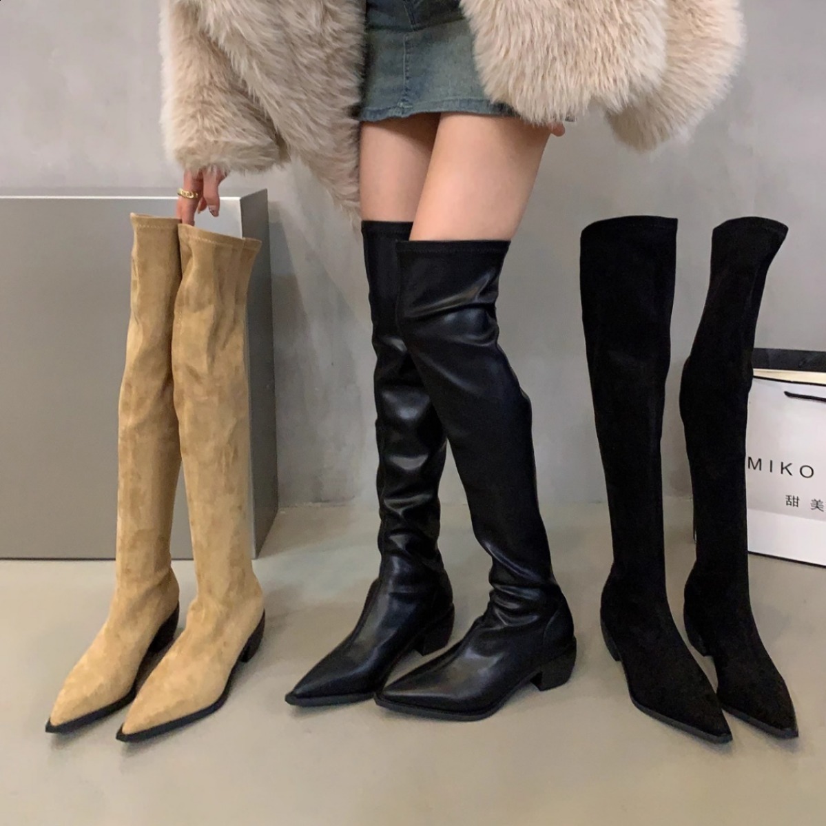 Knee over long boots for women Korean version square heel thick soled pointed fashion boots stylish and trendy knight boots 240926