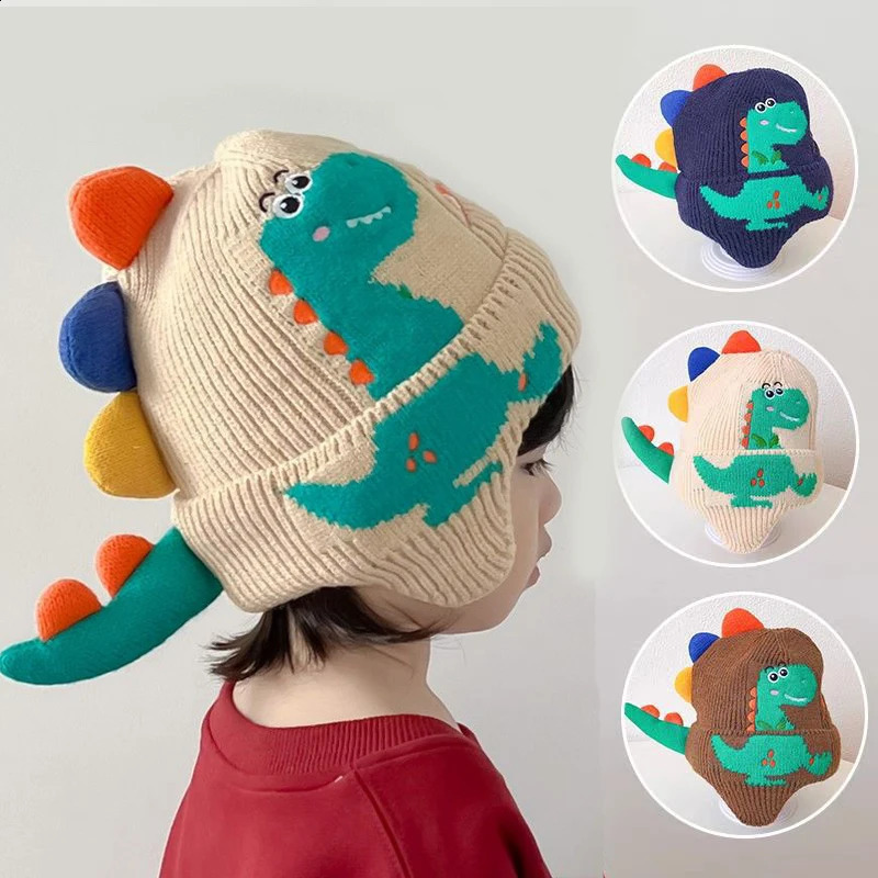 Baby winter hat cartoon dinosaur warm knitted bean earmuffs for children boys and girls outdoor 240925