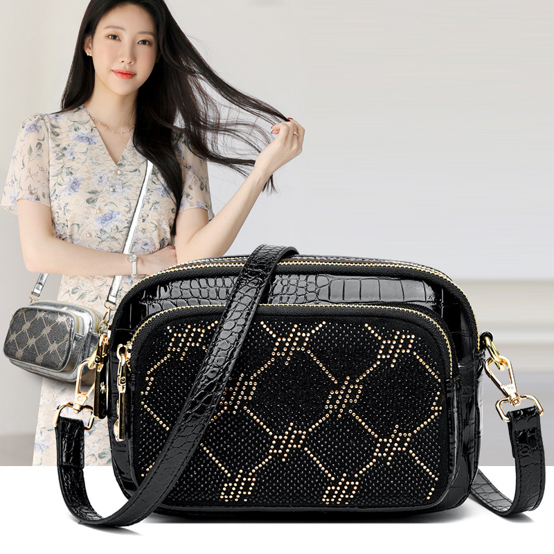Free Shipping Foreign Trade Dia-encrusted Camera 2024 New Cross-border Crocodile Pattern Trendy Messenger Small Square Bag Women's Shoulder