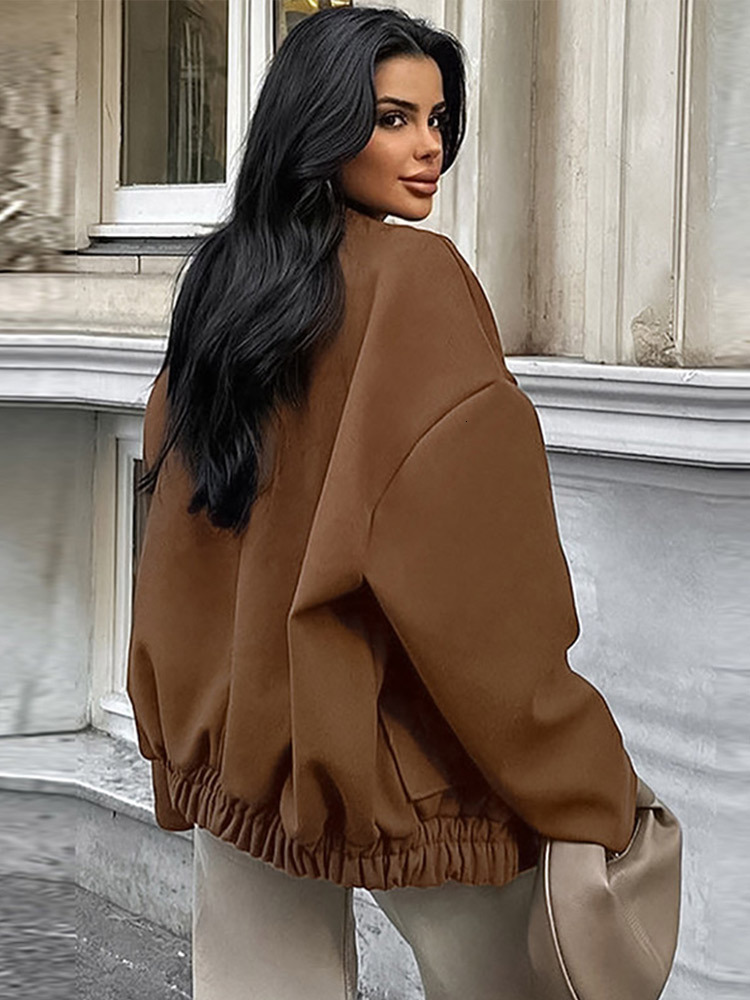 Retro Casual Woolen Button Brown Coats Women Loose Stand Collar Jackets With Pockets Female Autumn Chic High Street Outwear