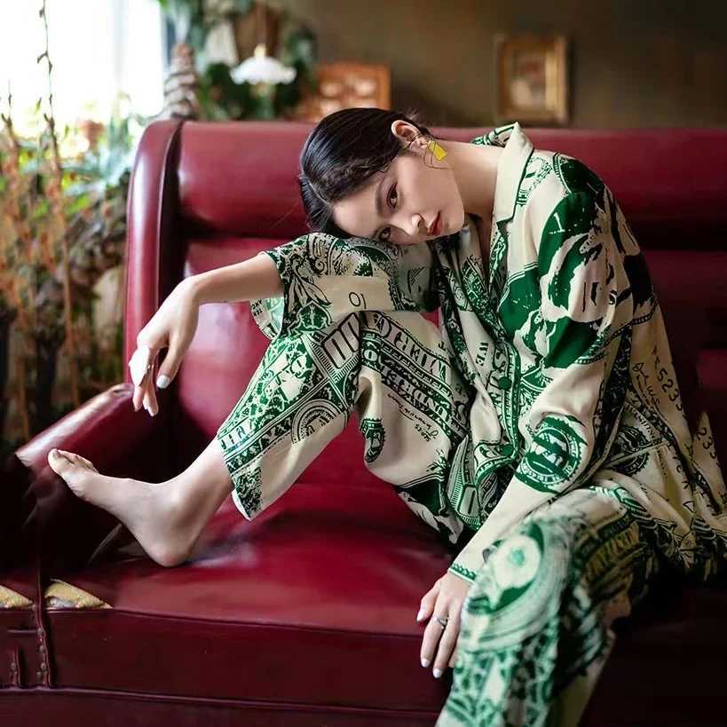 Vintage Dollar Print Pajamas For Woman Ice Silk Comfortable Homewear Sleepwear Lounge Size Autumn Shirt Sets M240925