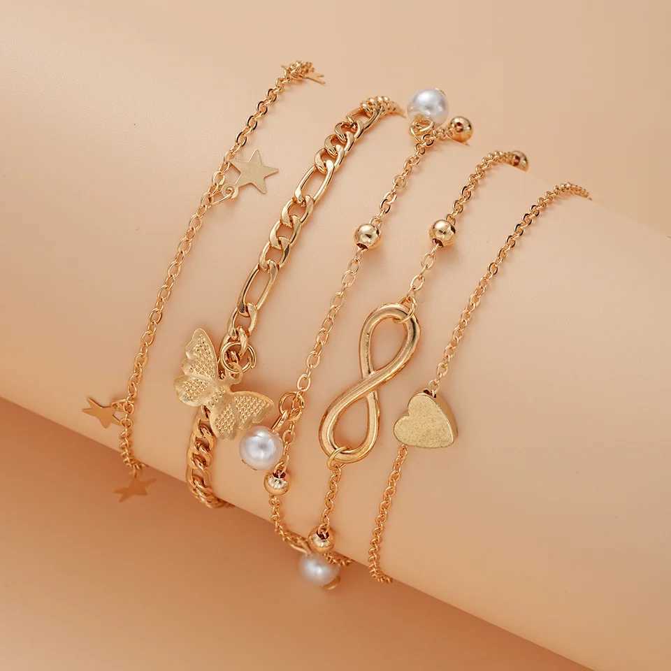 Bohemia 3PCS5Pcs for Retro Set Multilayer Women Tassel Vintage Anklet Pearl Butterfly Star Heart Pendant Foot Bracelet Beach JewelryX2409