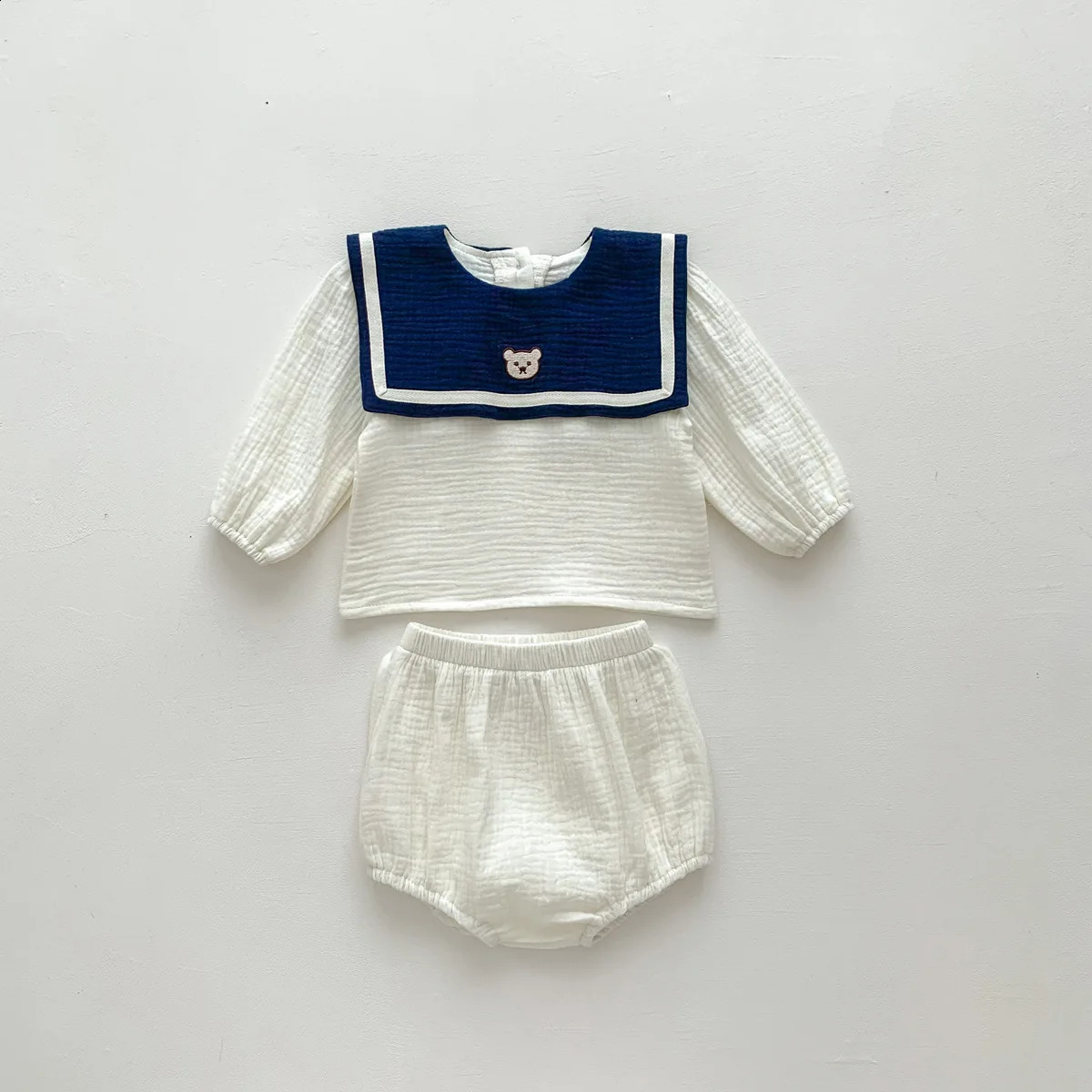 Long sleeved shirtbread pants Korean casual baby clothing born organic cotton navy blue collar Stye 240925