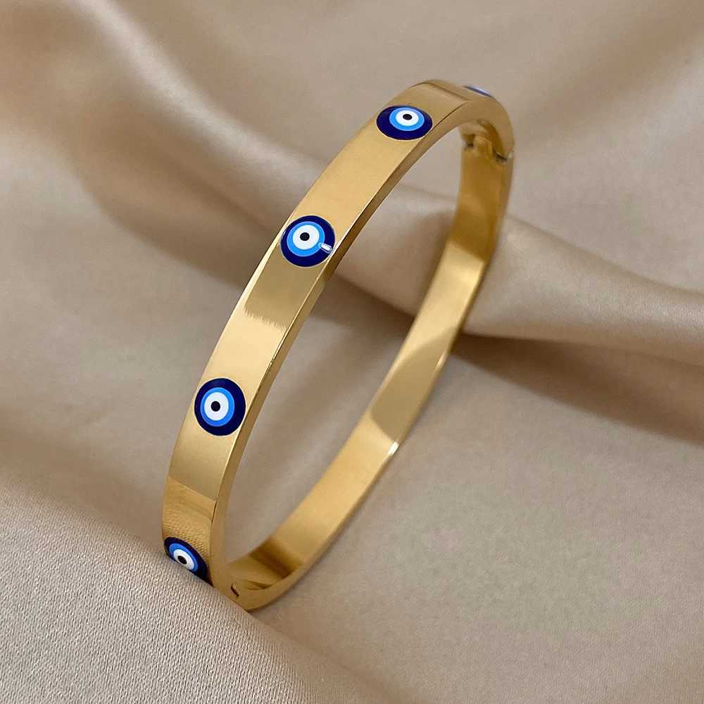 Dodohao Boho Blue Human Evil Eye Stainless Steel Bracelet for Womens Charm Simple Lucky Gold Plated Thin Chain Jewelry W240925