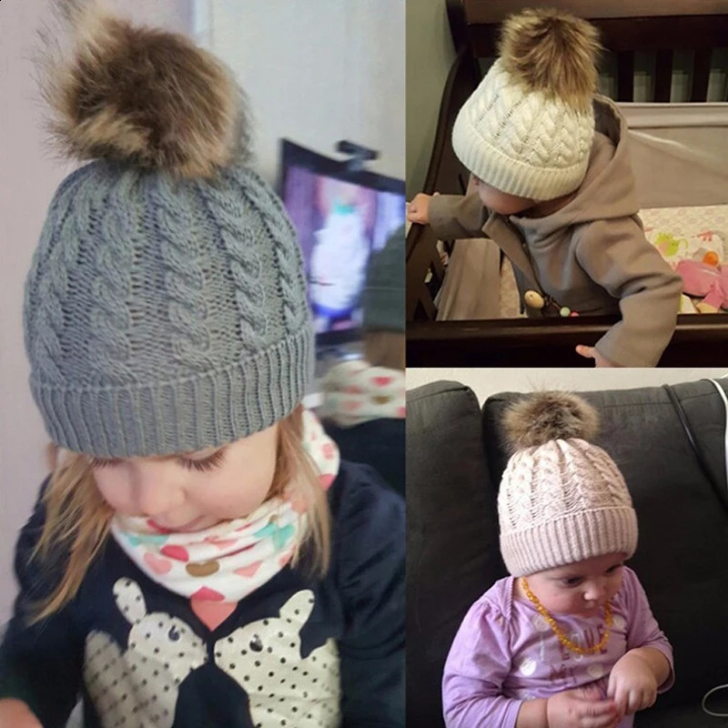 Winter hat childrens knitted baby fur Pom girls warm and toddler 240925