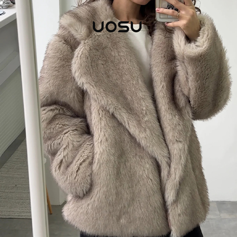 Oversized Lapel Fluffy Coat Women Winter Warm Solid Faux Fur Jacket Long Brand Loose Party Outwear Fashion Clothes