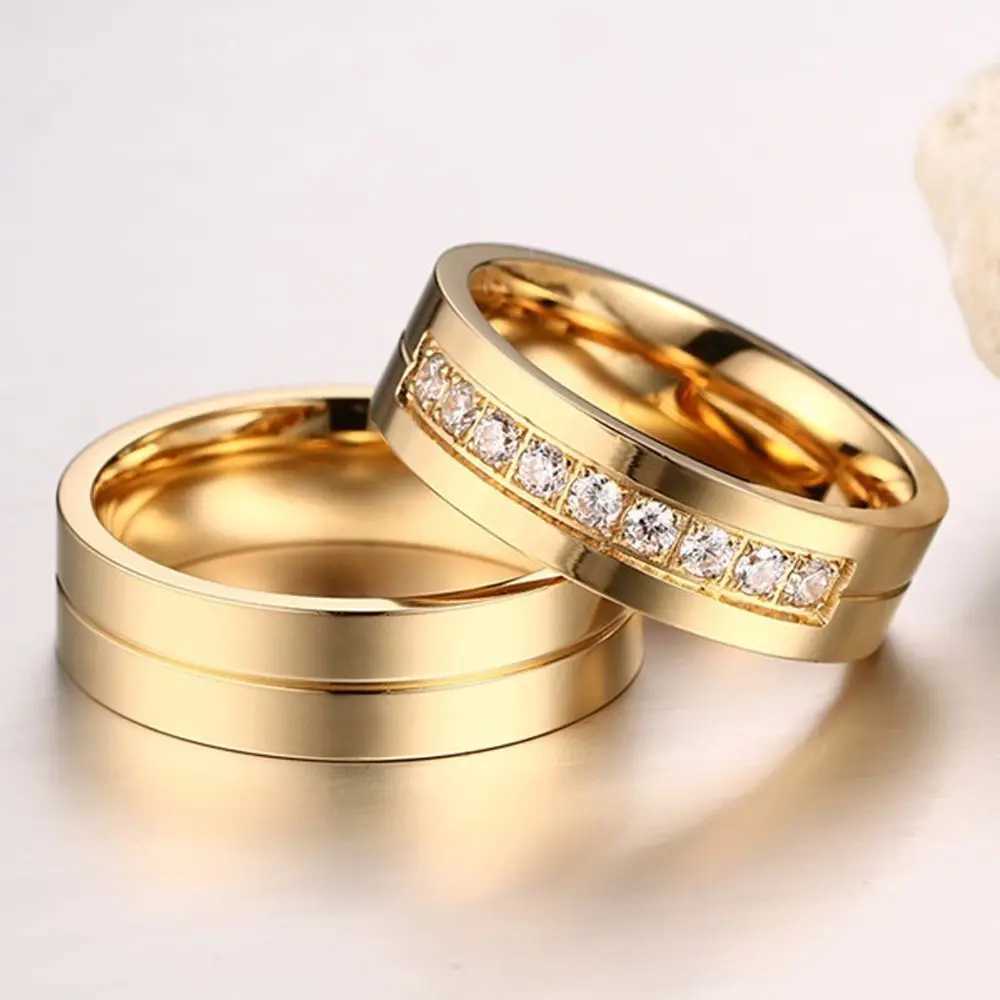 Women Men Wedding Band Rings For 18K Gold Plated AAA CZ Cubic Zirconia Stainl Steel Couples RingXJ250110