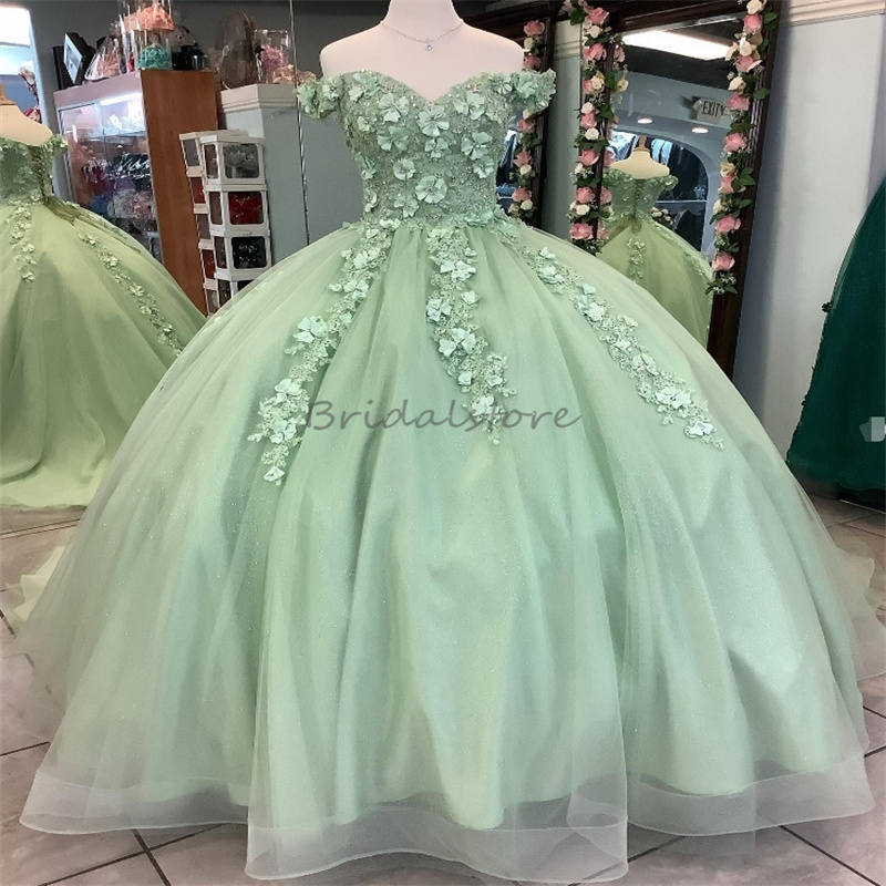 Graceful Sage Green Vestidos De 15 Quinceanera Dress Elegant Off Shoulders 3D Florals Beaded Birthday Sweet 16 Dress Custom Made Ball Gown Prom Dress 