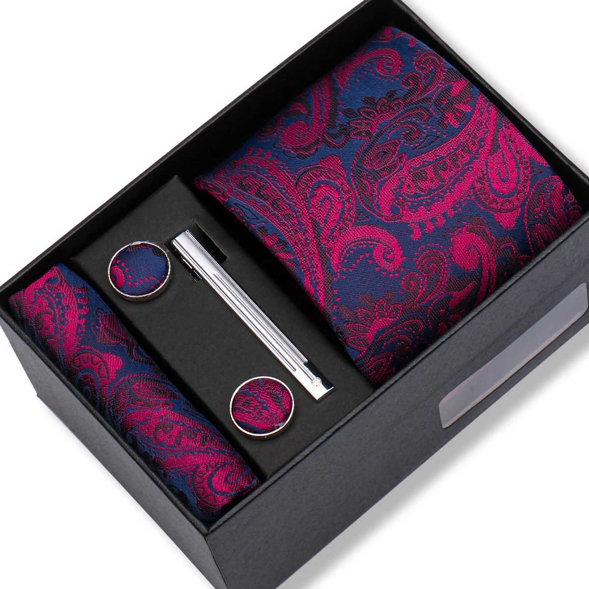 High quality 8cm mens tie set elegant jacquard necklace pocket square cufflinks tie with gift box suitable for weddings Y240925