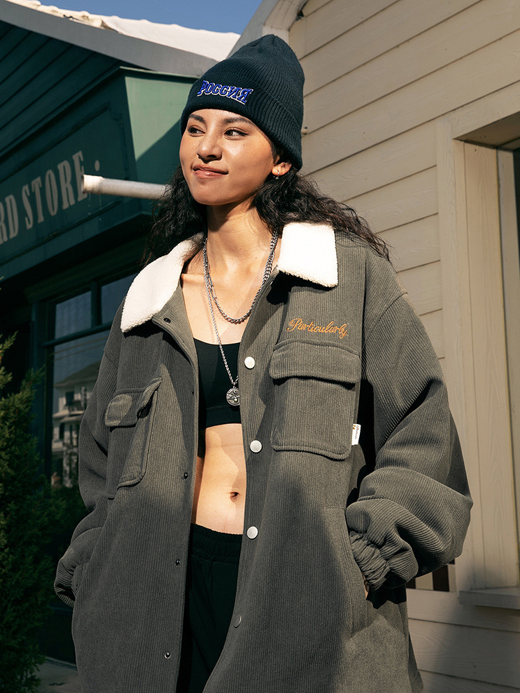 American Letter Embroidered Lambskin Men's Cotton-Padded Coat Winter Women's Thickened Loose Corduroy Jacket