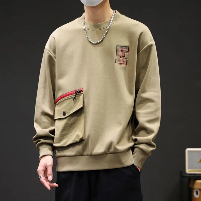 Men Trendy Simple Casual Embroidery Streetwear Sweatshirts Y2K O Neck Long Sleeve Loose Pocket All Match Pullover Tops Sudadera 240919