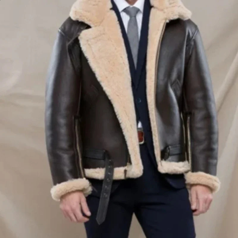 Winter Bomber Leather Jacket Mens Sheep Wool Sheepskin Warm Jacket Parka Pilot Mens Natural Sheepskin Coat 240926 - view 4