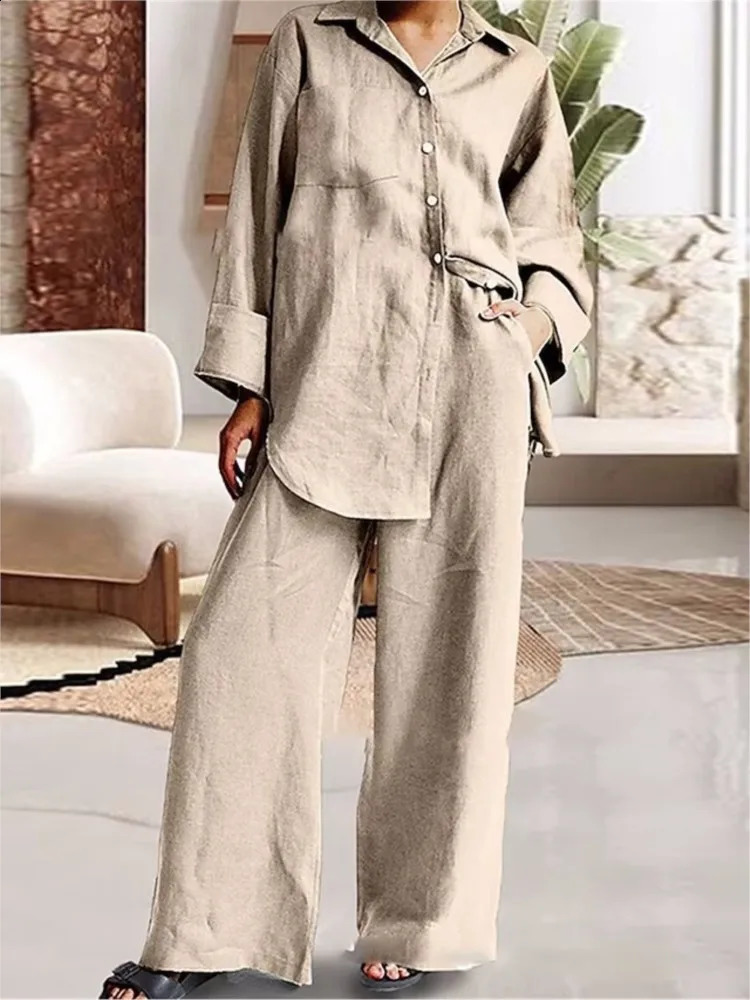 Autumn Long Pant Sets Cotton Linen Women Casual Style Solid Color Loose Wide Legs Pants Two Piece Set Clothing Ladies 240926