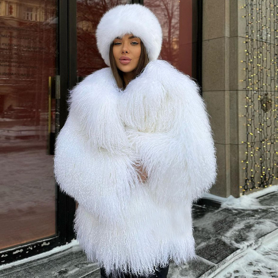 Genuine Mongolian Fur Jackets White Ladies Sheep Skin Coat With Turndown Collar Womens Clothing