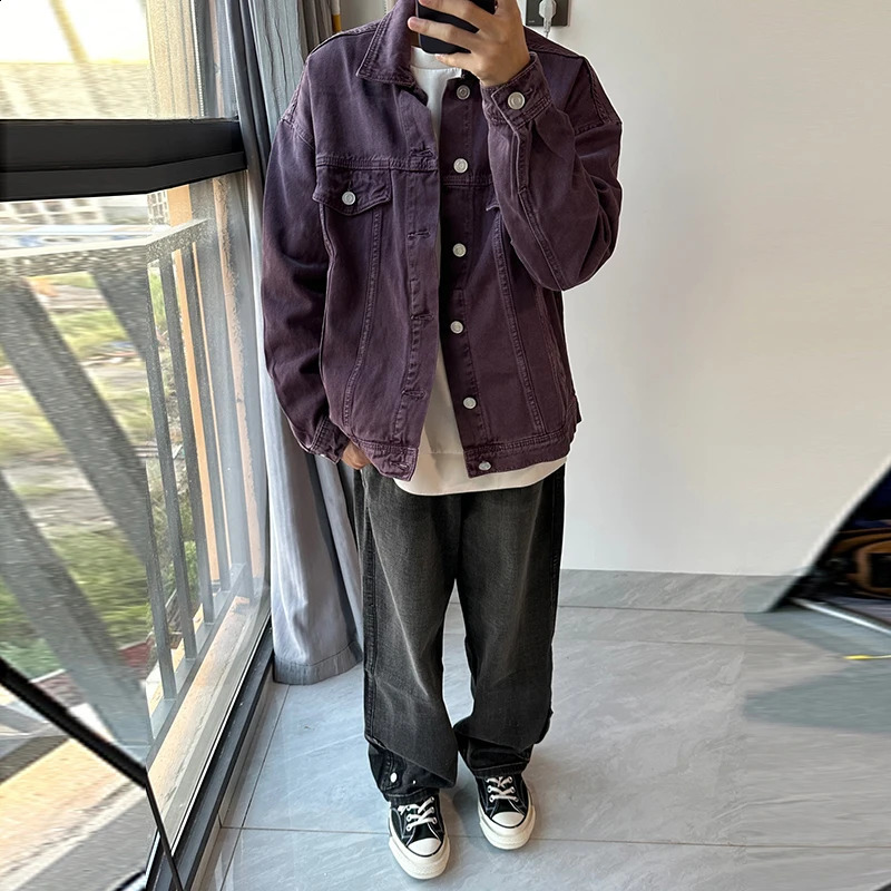 Mens retro washed purple denim jacket street clothing item pocket button up shirt jacket retro fashion M-3XL 240926