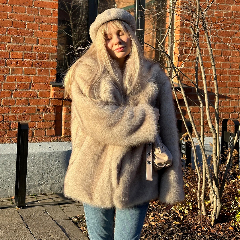 Oversized Lapel Fluffy Coat Women Winter Warm Solid Faux Fur Jacket Long Brand Loose Party Outwear Fashion Clothes