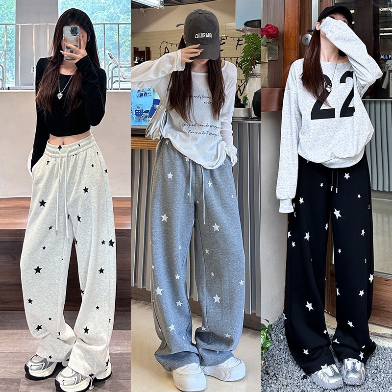White wide women's bathroom autumn winter new item, printed star pants, high waisted loose and casual straight leg pants for walking