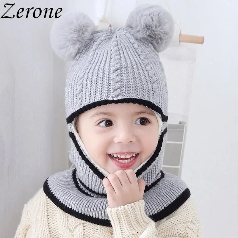 Winter Childrens Cute Plus Velvet Thick Wool Knitted Ball Hat for Girls Korean Version Warm Scarf Boys and Children Hedge 240925