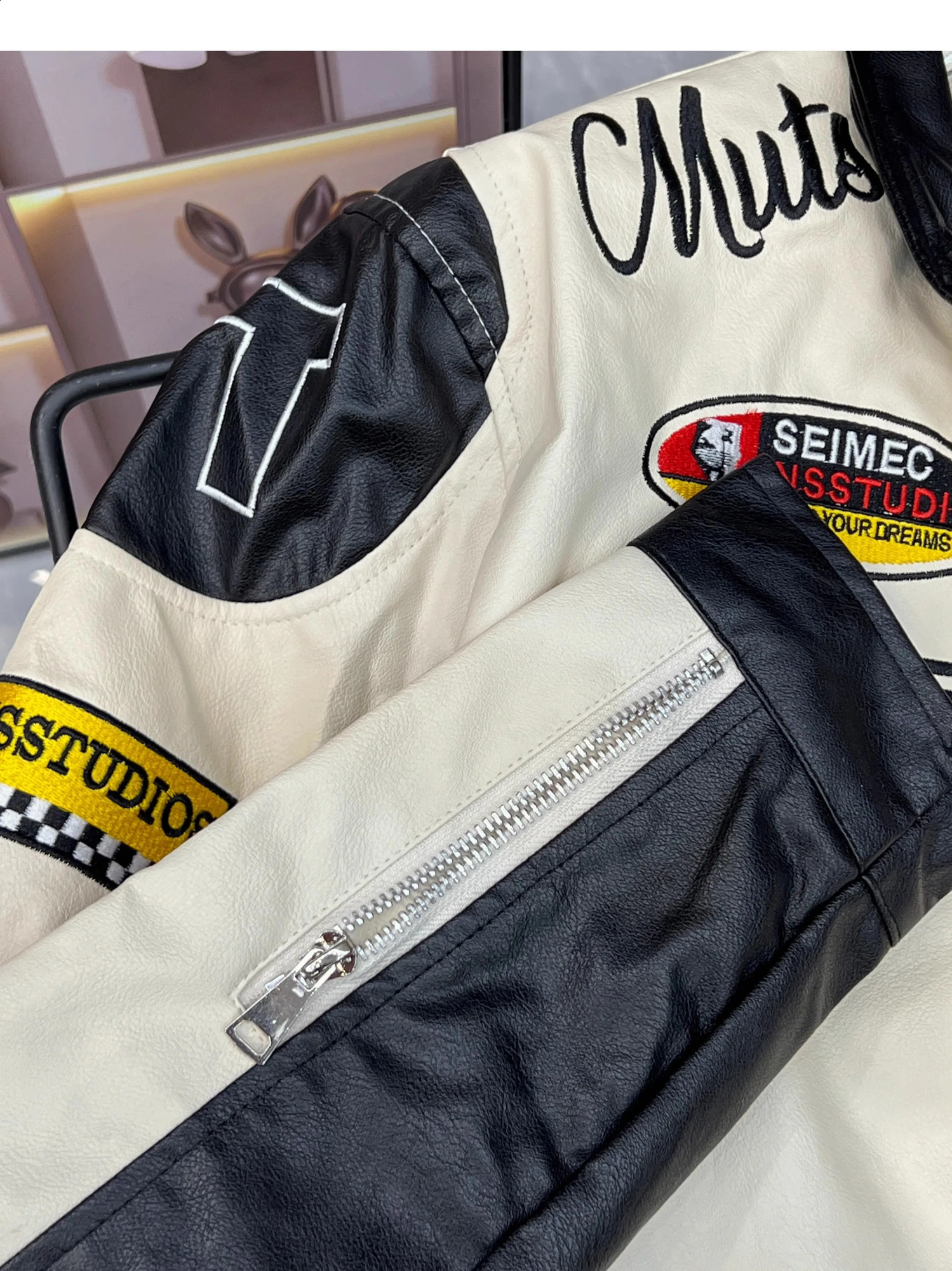 American retro letter embroidered motorcycle cut jacket womens PU leather street style racing baseball short jacket 240926