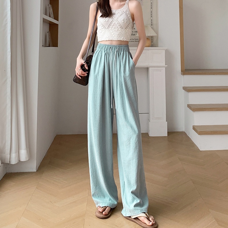 Naifushan women's spring/summer 2024 new high waisted, short stature vinegar straight lazy style ice silk wide leg pants