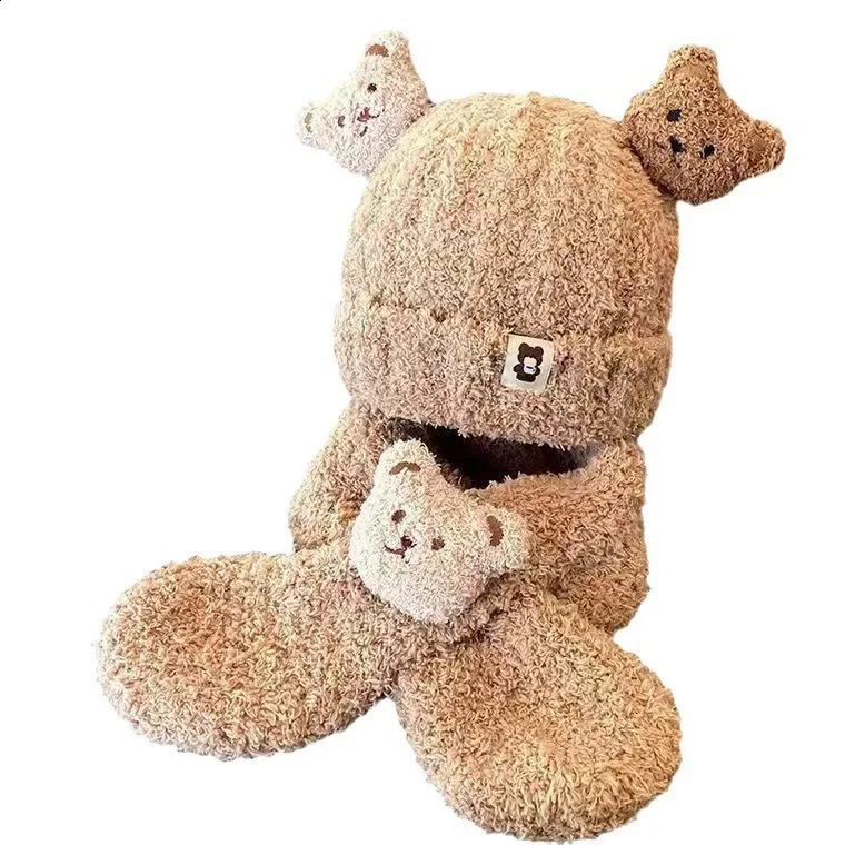 Childrens winter bear hat scarf set childrens earmuffs shawl warm wool bag baby girl boy neck 240925