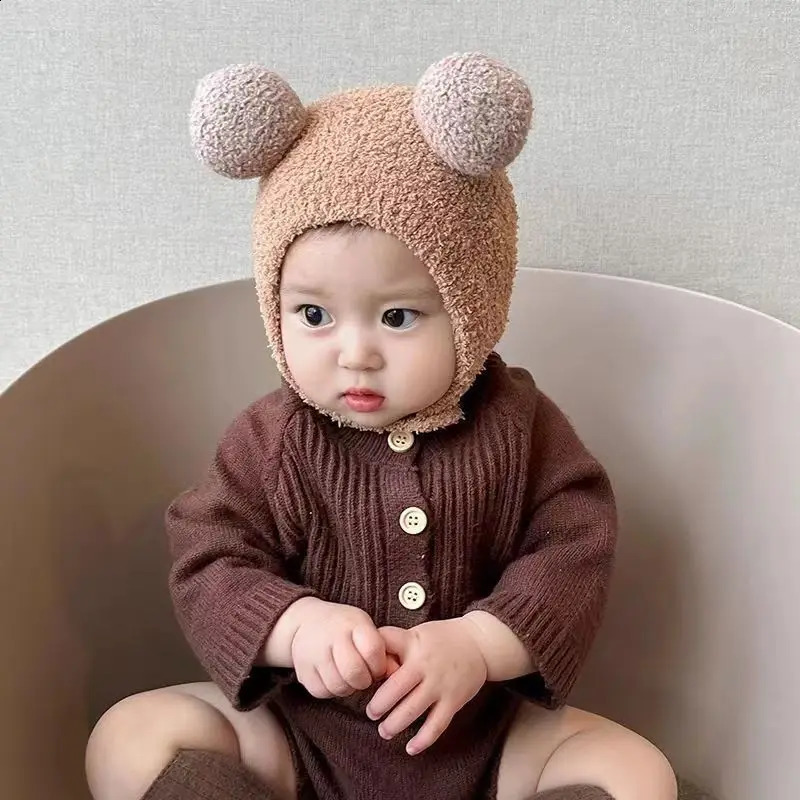 Cute baby hat soft fluffy girl boy Beanie solid winter childrens knitted warm ear protection 024M 240925