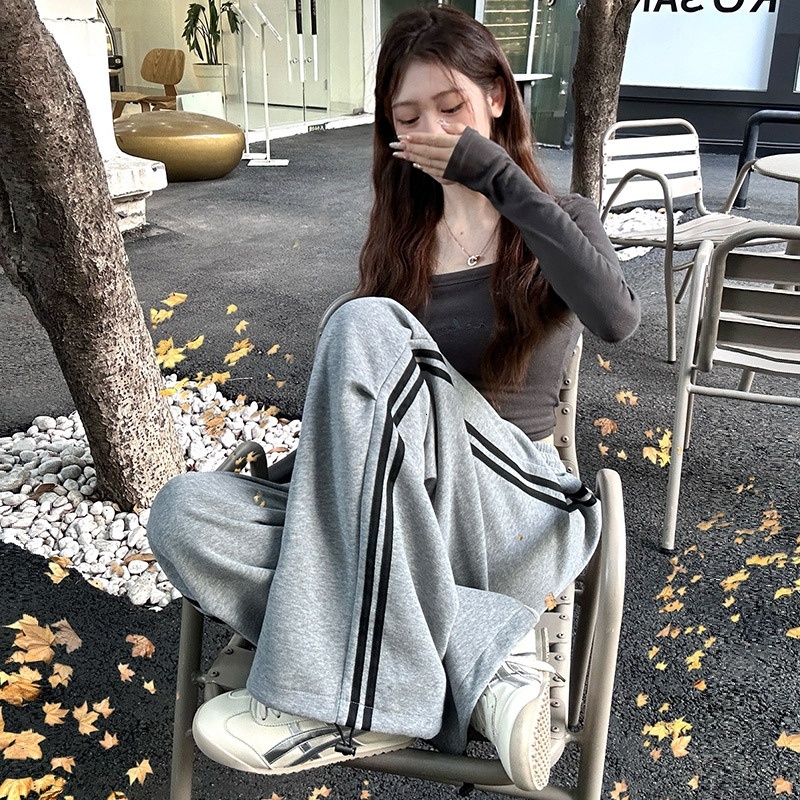 Sports women's drawstring ankle pants, 2024 autumn new product design sense, double bar striped American high street casual sweatpants