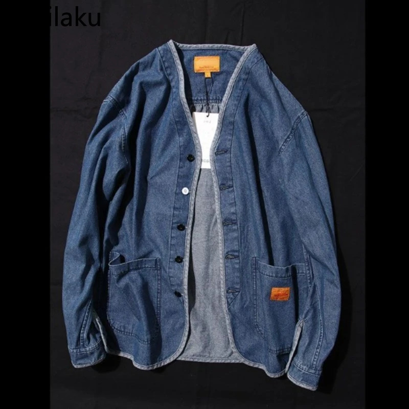 Japanese denim jacket mens street Vneck spring autumn coat single chest casual retro clothing 240921