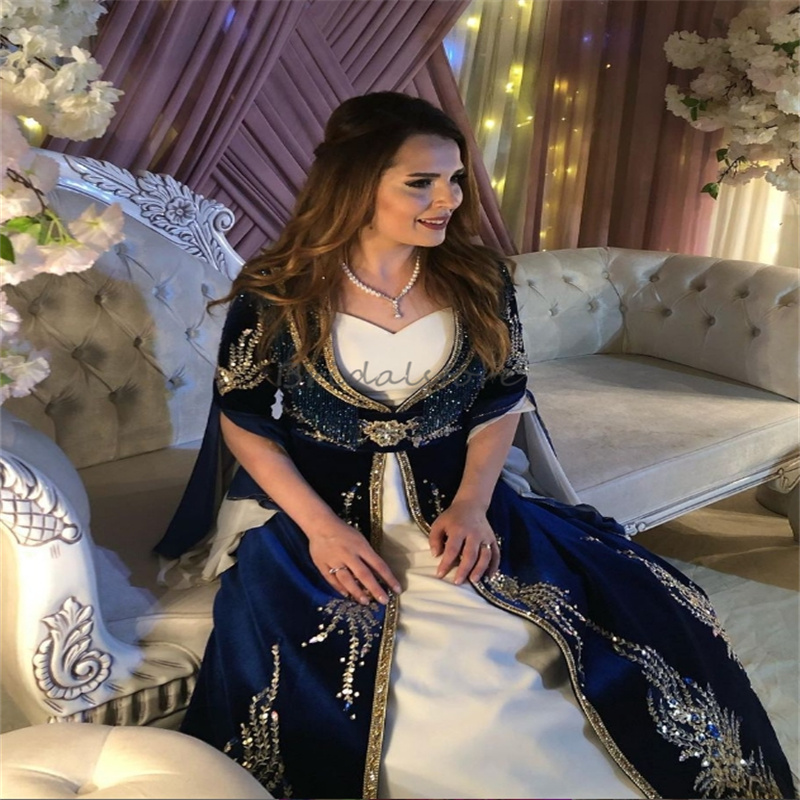Luxury Navy Blue Turkish Wedding Dresses Sparkly Beaded Long Sleeve Moroccan Fantasy Aesthetic Bridal Gowns Pakistani Bride Dress Arabic Vestido De Ca