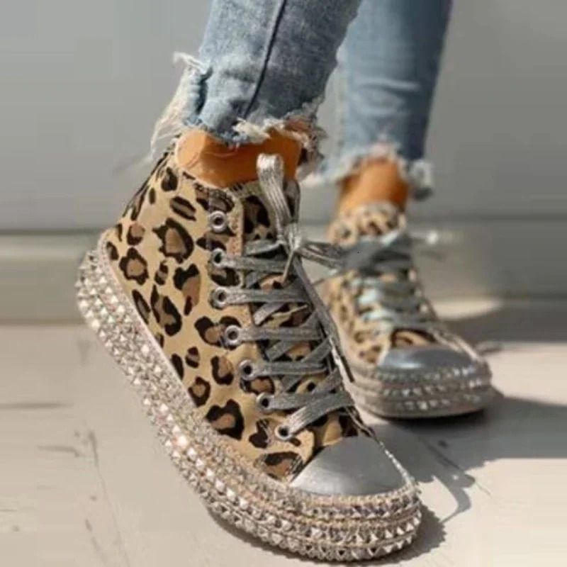 Women's Casual Fashion Studded Leopard Print Canvas For Women Lightweight Breathable Vulcanized Shoes Atos Mujer