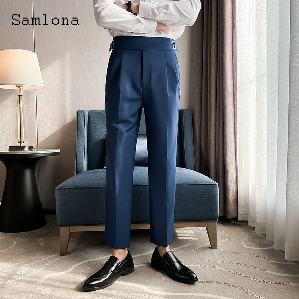 Men Elegant Buckle Up Suits Pants Solid White AnkleLength Trouser Plus Size Mens Stand Pocket Suit Formal Party Wedding 240925