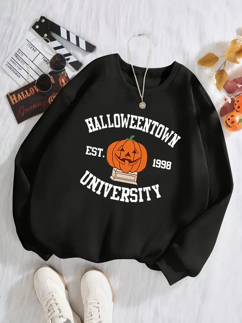 Women's Halloween Pumpkin Print Casual Crew Neck Sweatshirt, Long Sleeve, Plus Size