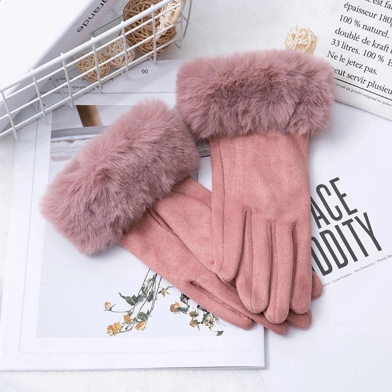 Korean Suede Leather Sports Cycling Warm Gloves Womens Winter Plus Velvet Thicken Full Finger Touch Screen Driving Mittens H92 240914