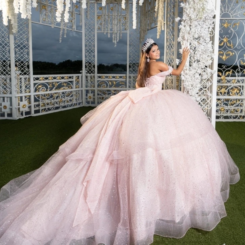 Pink Shiny Ball Gown Quinceanera Dresses Off The Shoulders Beads Crystal Bow Tull Sweet 16 Dress Corset Vestidos De 15 Anos