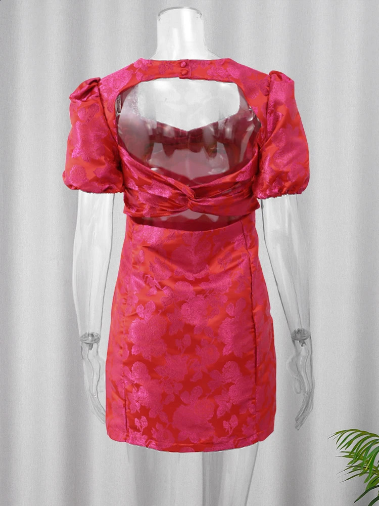 Sexy backless printed puff short bow flower mini dress for womens fashionable square neckline slim fit Vestido womens party club dress 240926