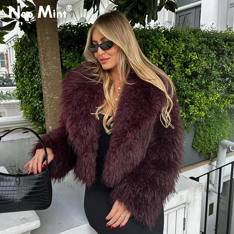 Neo Mint 2024 Winter Hot Trendy Iconic Blogger Fashion Bury Faux Coat Women Overcoat Girls Shawl Collar Lamb Fur Jacket
