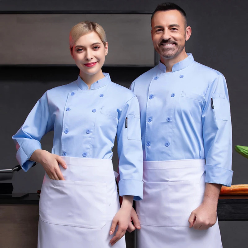 Light Blue Chef Jacket Restaurant Kitchen Uniform Canteen Double breasted Chef Long sleeved Mens and Womens Waiting Work Clothes 240926