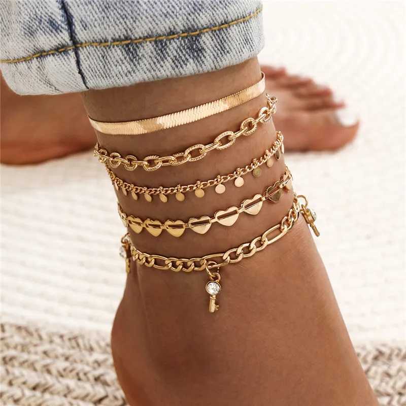 Women 3PCSModyle Punk Vintage for Bohemian Gold Color Girls Anklets Key Heart Butterfly Leg Ankle Anklet Bracelet Beach JewelryX2409