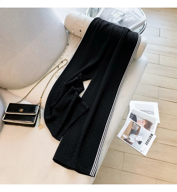 Women Knitted 2 Piece Suit Sweater cardigan Top And Pant Two Set Matching Outfit Stripe Elegant Chic Winter Clothing 240925