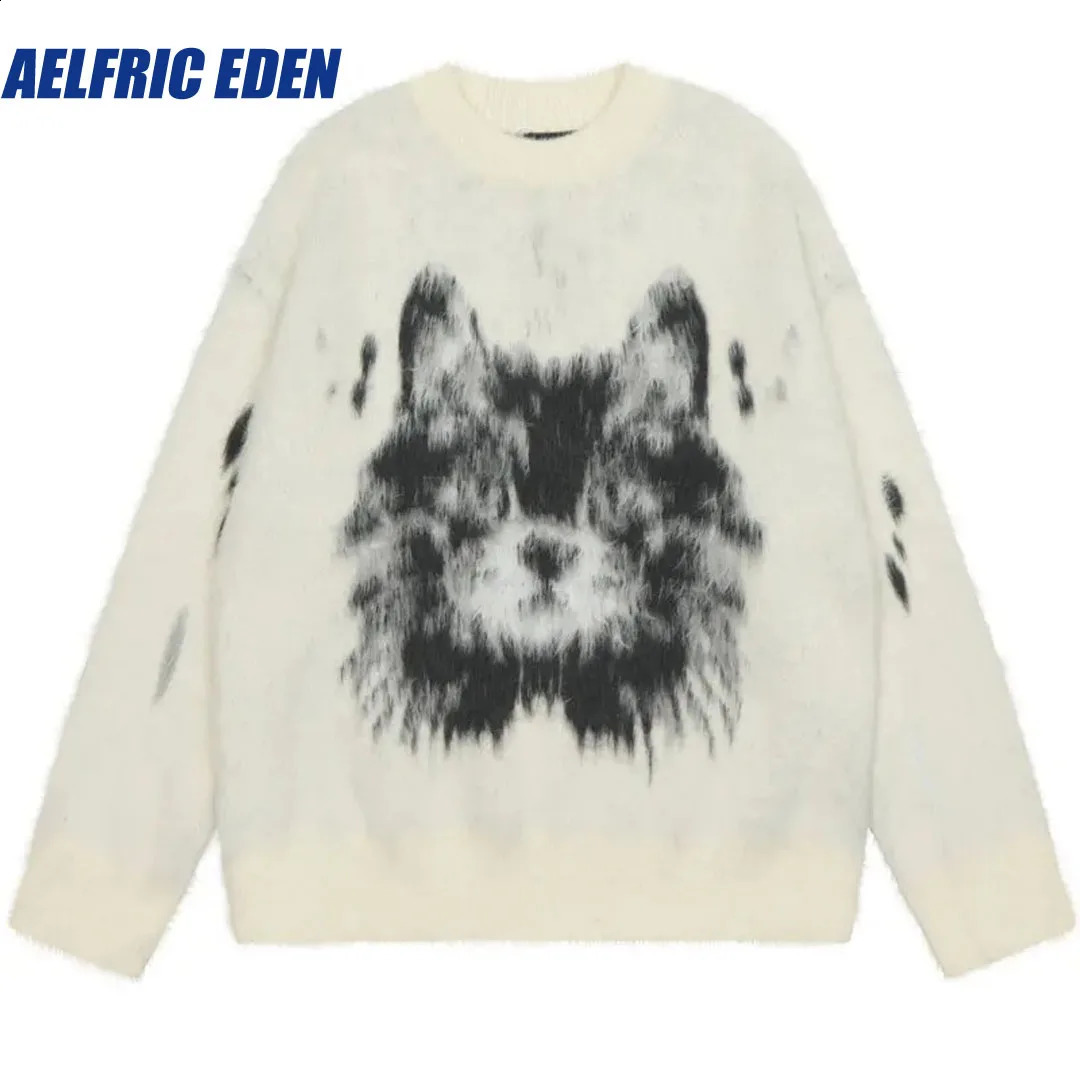 Aelfric Eden Harajuku Cat Sweater Y2K Hip Hop Knitted Fluffy Cat Jumper Street Clothing Mens Casual Loose Punk Gothic Pullup Top 240924