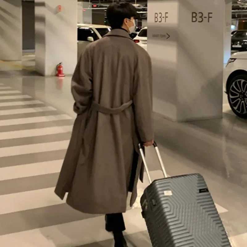 Mens style Korean trend winter wool jacket mens casual loose fit solid wool windproof jacket Coats Street thick warm trench jacket W240925